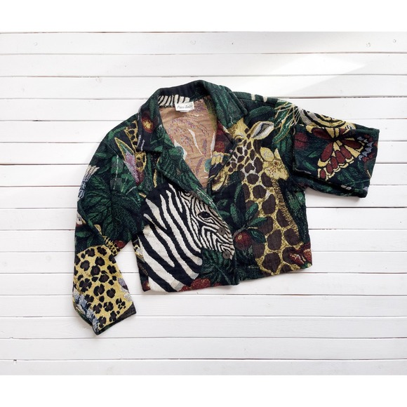 vtg Paco Soler jungle animals zebra giraffe tiger leopar tapestry jacket size M - Picture 1 of 7